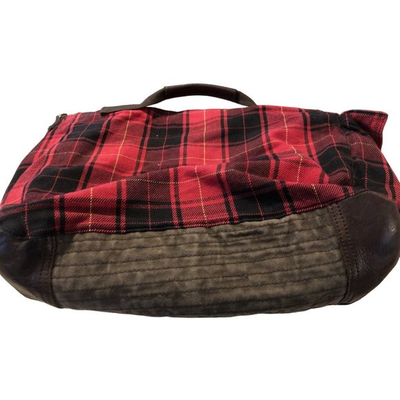 American Eagle Outfitters Red Buffalo Plaid Messenger Laptop Bag Leather Canvas - Picture 8 of 9